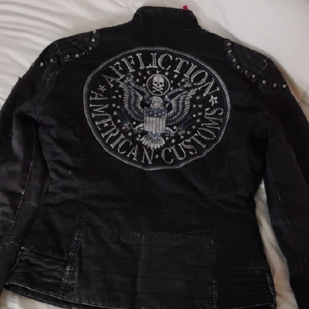 A MUST HAVE..Affliction Women's Black Denim Jacket with Studded Details